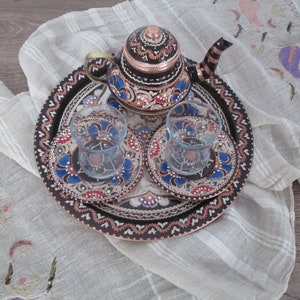 Copper Turkish Tea Set | Enameled Tea Set | New House Greeting Gift | Kitchen Decoration | Decorative Tea Set