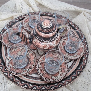 Decorative Tea Set | Unique House Gift | Kitchen Decoration | Ottoman Copper Tea Set | Embroidered Tea Set