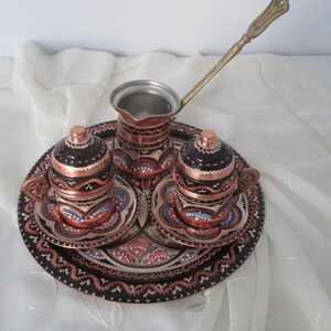 Enameled Copper Coffee Set | Copper Turkish Coffee Set For 2 | Rustic Home Decoration | Handmade Turkish Coffee Set | Authentic Copper Sets