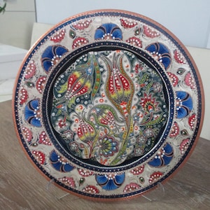 Enameled And Ceramic Copper Plate | Handmade Copper Wall Art | Floral Patterned Copper Plate | Decorative Gift For Home