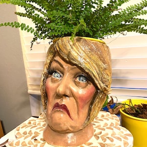 以下が含まれることがあります： ブロンドの髪と青い目の女性の顔の形をした、ユニークな手描きのセラミックプランター。プランターは緑のシダで満たされています。プランターのベースはモザイクデザインです。