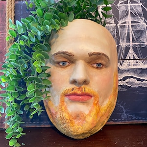 May include: A unique, hand-painted face-shaped planter with a bald head, blue eyes, and a red-orange beard. Green leafy vines cascade from the top. The planter is a decorative item for indoor or outdoor use.