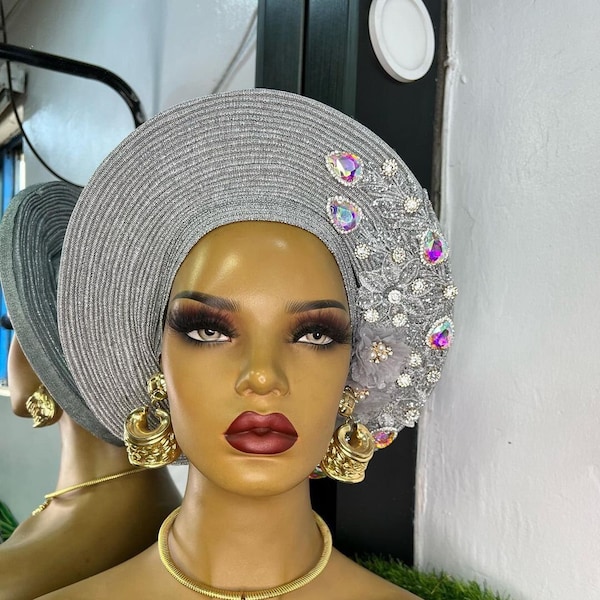 Gold Fascinator autogele,ready to wear, Bridal Fascinator Hat  fabric autogele,pre-tied autogele, aso-ebi nigerian gele wedding traditional