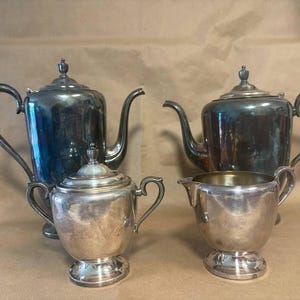 Vintage Silver-Plate Rogers & Bro. Set 2301, 2302, 2303, 2304, Coffee, Tea Kettle, Sugar Bowl, Creamer, Silverware