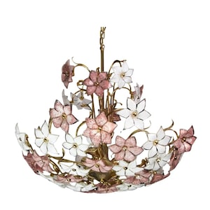 Spectacular Murano Chandelier Full of Pink and White Flowers, 1980s