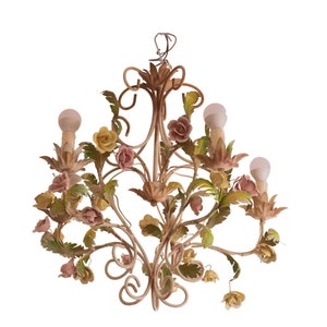 Italian Vintage Iron and Ceramic Flowers Chandelier, 1970s