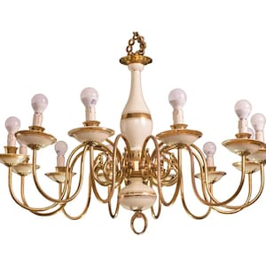 Monumental 12 Lights Art Deco Brass and Ceramic Chandelier, 1950s
