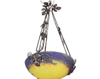 Lampe à Suspension Art Déco Jaune par G.V. de Croismare, Muller Frères, France, années 1920
