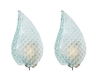 Set of 2 Rare Wall light Blue Jewel Murano Glass Leave by Barovier and Toso, 1950s
