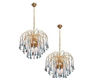 Lot de 2 lustres Lady Victoria avec pampilles bleues et transparentes en verre de Murano