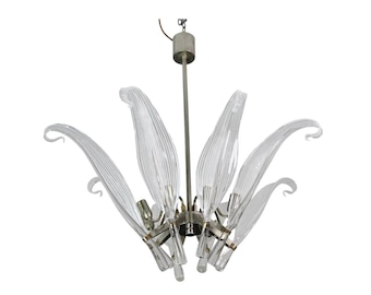 Lustre de folhas de vidro de Murano transparente extraordinariamente grande, por Franco Luce.