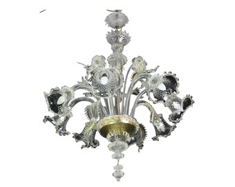 Wonderful Large Size Venetian Chandelier, Transparent and Gold Murano Glass