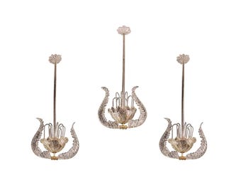 Lot de 3 lustres fontaine Art Déco par Barovier et Toso, verre de Murano, 1940