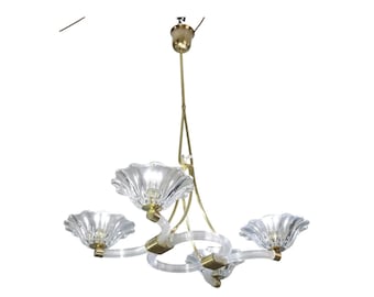 Lustre Art Déco exceptionnel en verre de Murano et laiton, signé Barovier et Toso, 1950