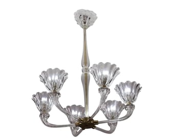 Lustre à Six Lumières Art Déco Vénitien Mid-Century en Verre Soufflé de Murano par Seguso