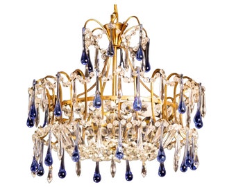 Vintage Emperor Style Chandelier, Blue Murano Drops, 1960s