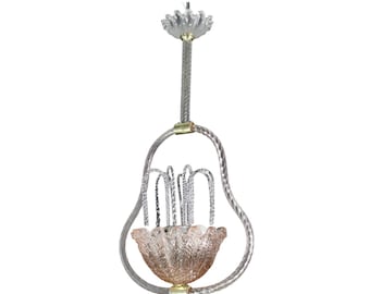 Charmant lustre en verre de Murano rose et transparent, signé Barovier et Toso, années 1950