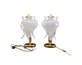 Juego de 2 lámparas de mesa de cristal de Murano con hojas transparentes
