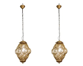 Set of 2 Amazing Amber Vintage Venetian Lantern, Seguso Murano Glass, Italy, 1960s