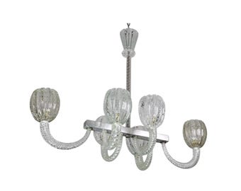 Amazing 6 Light BarovierArt Deco Chandelier, "Bullicante" Glass Murano, 1940s
