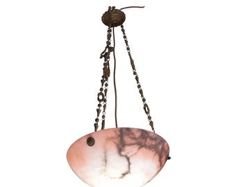May include: A pink and white alabaster pendant light fixture with a chain and ornate metal accents.