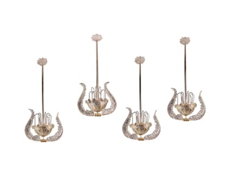 Lot de 4 lustres fontaine Art Déco par Barovier et Toso, verre de Murano, 1940