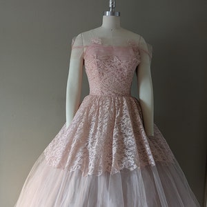 Vintage 1950s Pink Illusion Off the Shoulder Lace and Tulle Party Dress