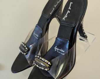 Vintage Black Hand Painted 1950s Spring-o-lator Peep-Toe Mules with Clear Vinyl and Rhinestone Encrusted Heel