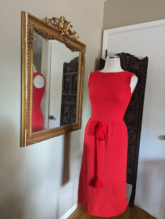 1960s Lanz Originals Red Crochet Wiggle Dress