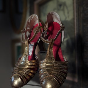 1930s Gold Leather T-Strap Dancing Heels