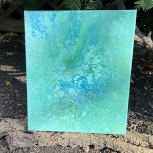 Esszimmer Wandkunst, Fluid Art Malerei, Aqua-Hellgrün-Blaue Acrylmalerei, Originalgemälde, Unikat