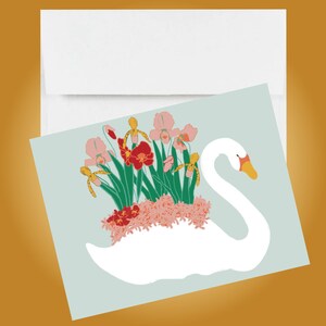エレガントな白鳥の蘭のノートカード 3 枚。白鳥と花のイラストカード。白鳥の花束の文房具。封筒付き白鳥の文房具