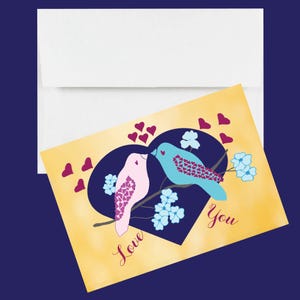 Ensemble de 3 articles de papeterie d'amour oiseaux qui s'embrassent. Cartes romantiques pour couple d'oiseaux. Cartes de correspondance fantaisistes Je t'aime. Cartes d'amoureux avec coeur