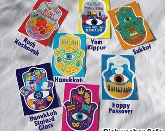 Jewish Holiday Stickers (Set of 7), Water-Resistant Hamsa Designs, Dishwasher Safe
