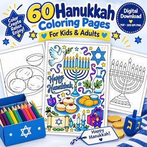 May include: A digital download set of 60 Hanukkah coloring pages for kids and adults, featuring a central page with a menorah, latkes, a dreidel, and a dove. Includes a blue pencil box with a Star of David, colored pencils, gold coins, and a dreidel.