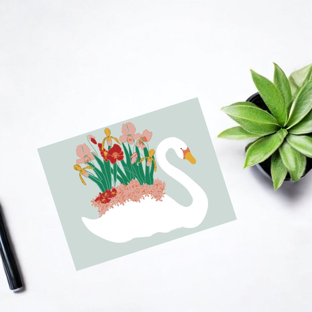 Swan Floral Stationery, Spring Garden Notecard (set of 3) - Etsy