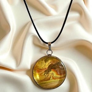 Gold Yellow Fluid Art Pendant Necklace . Marbled Acrylic Pour Pendant . Handmade Gift for Women