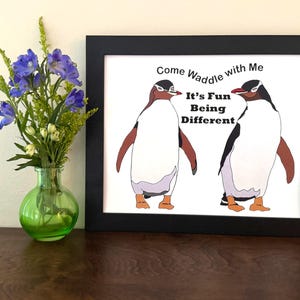 Vieni a camminare con me, stampa di un pinguino – È divertente essere diversi – Quattro PDF da scaricare 8"x10" con finiture colorate – Arte murale con animali stravaganti