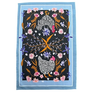 Barred Plymouth Rooster Hen Tea Towel . Farmhouse Floral Towel . Wildflowers Chicken Dish Towel . Kitchen Towel . Chicken Wildflowers Decor