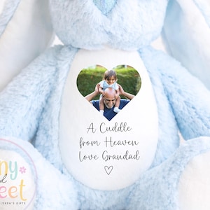 May include: A soft, light blue plush bunny with embroidered eyes and nose. It features a heart-shaped photo and the text "A Cuddle from Heaven Love Grandad". The text "Newborn Safe: Embroidered Eyes & Nose" is at the top.