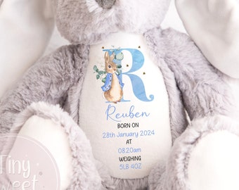 Juguete suave personalizado para bebés nuevos, regalo de nacimiento nuevo, regalo para bebés nuevos, regalo para recién nacidos, recuerdo del bebé, regalo de baby shower, estadísticas de nacimiento, peluche, conejito