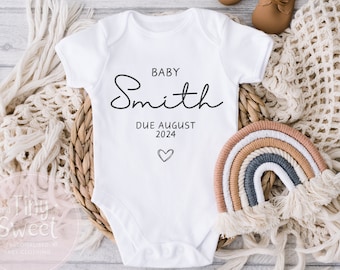 Personalised Baby Grow Vest, Pregnancy Announcement, Baby Surname, New Baby, Due Date Reveal, Baby Gift