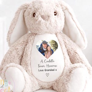 A Cuddle from Heaven , Memory Bunny Photo Keepsake, Remembrance Gift,  Personalised Photo Soft Toy Keepsake