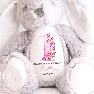 Lapin personnalisé premier anniversaire, cadeau 1er anniversaire peluche fille, 1er cadeau d'anniversaire bébé fille, peluche personnalisée 1er anniversaire