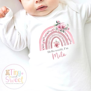 Personalised Hello World Baby Sleepsuit, Newborn Coming Home Outfit, Baby Name Reveal Sleepsuit, Baby Name & Birth Announcement