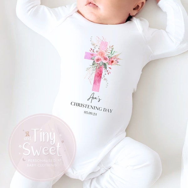 Baby girls christening outfit, Personalised cross christening, baptism, naming day gifts for baby girls, sleepsuit, baby girls babygrow