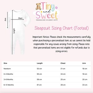 May include: White footed sleepsuit with measurement labels for length, chest, and arm. The image includes a sizing chart with measurements in centimeters for newborns, 0-3 months, 3-6 months, and 6-12 months. The text reads "Tiny and Sweet, Personalized Children's Gifts."