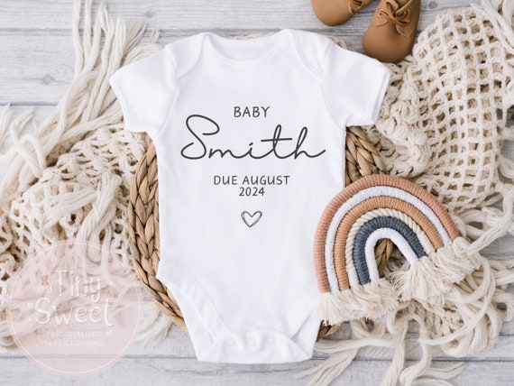 Personalised Baby Grow Vest Pregnancy Announcement Baby Surname New Baby Due Date Reveal Baby Gift Etsy