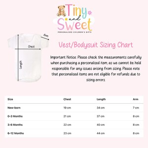 May include: A white baby bodysuit with measurements for chest, length, and arm. The image includes a sizing chart for newborns, 0-3 months, 3-6 months, and 6-12 months. The text reads "Tiny and Sweet, Personalized Children's Gifts."