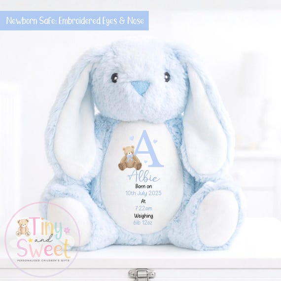 Personalised Birth Stat Bunny, Newborn Keepsake, New Baby Gift, Baby Birth Details Bunny, Custom Soft Toy Keepsake